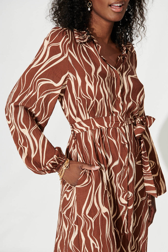 Pam Midi Shirt Dress In Chocolate And Champagne Cotton Blend - detail