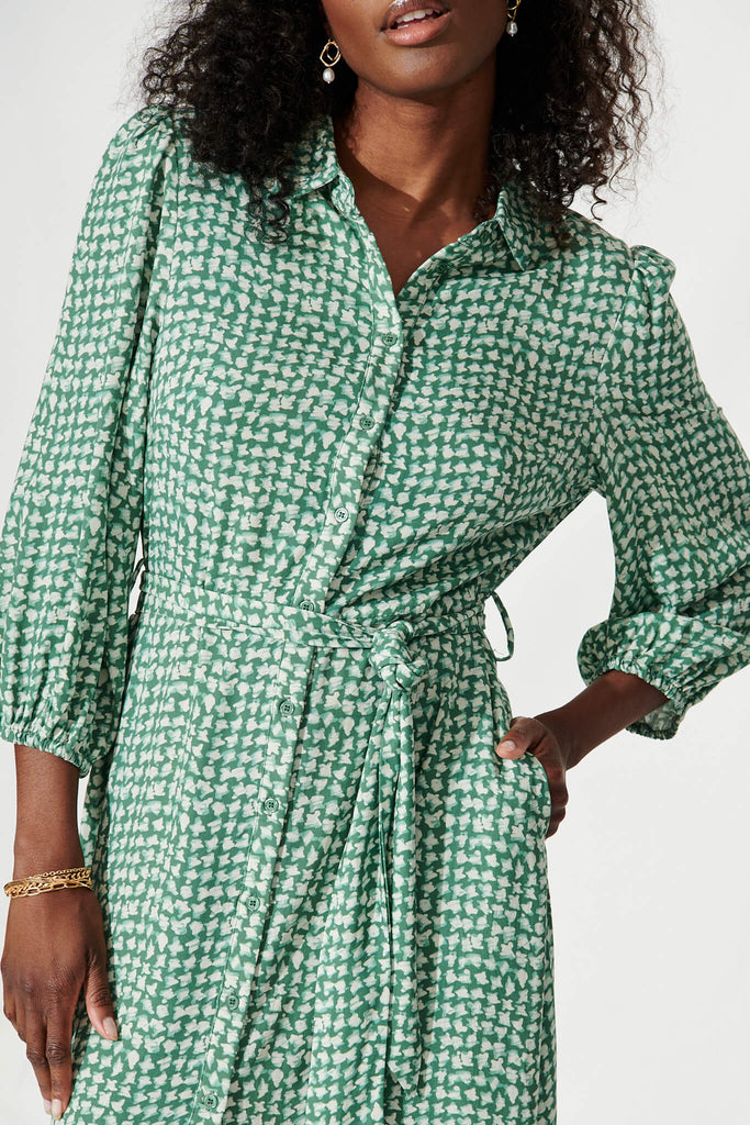 Martinez Midi Shirt Dress In Green With Cream Print - detail