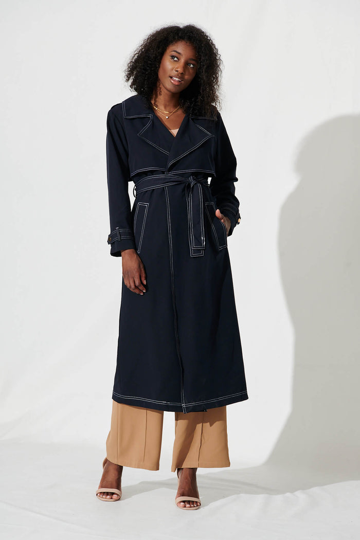 Seika Trench Coat In Navy - full length