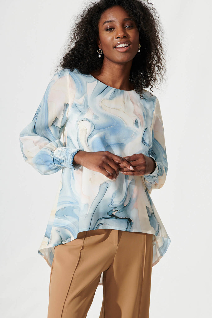 Phoebe Top In Blue Watercolour Chiffon - front