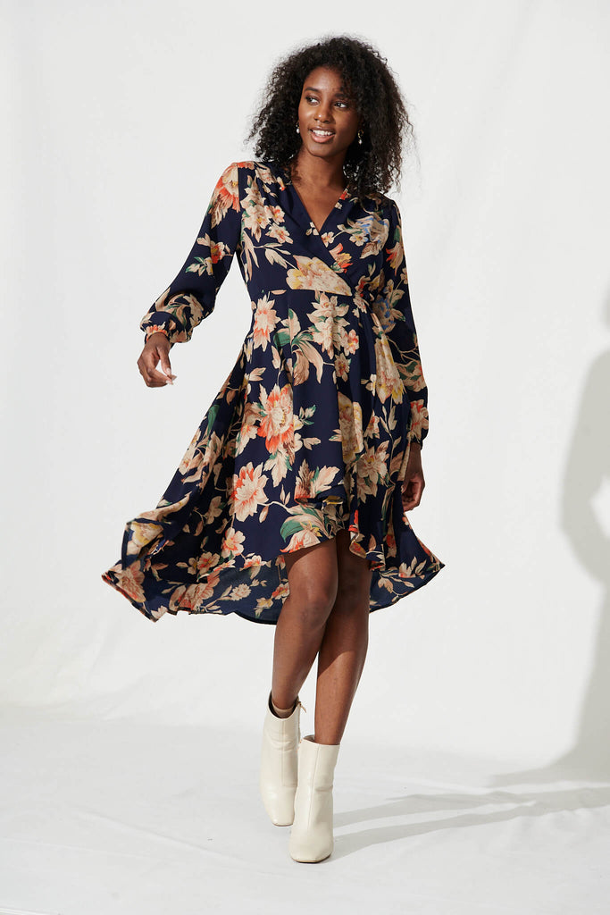 Elyce Midi Wrap Dress In Navy With Beige Floral - full length