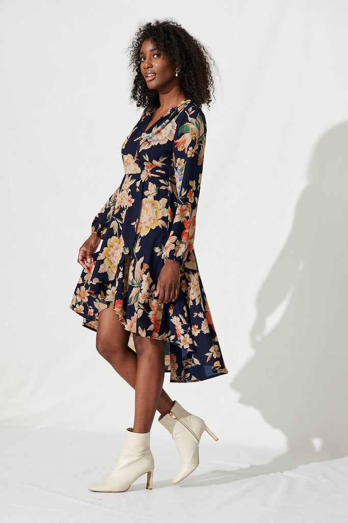 Elyce Midi Wrap Dress In Navy With Beige Floral - side