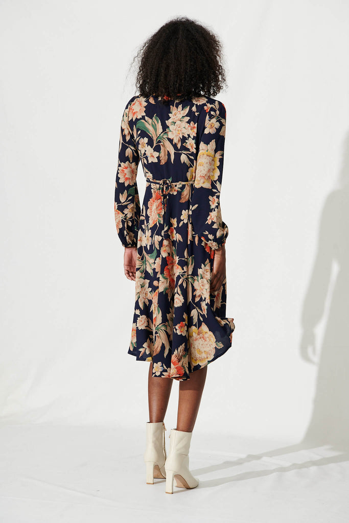Elyce Midi Wrap Dress In Navy With Beige Floral - back