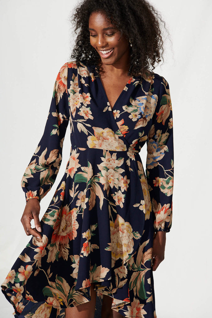 Elyce Midi Wrap Dress In Navy With Beige Floral - detail