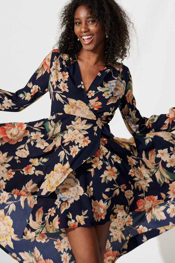Elyce Midi Wrap Dress In Navy With Beige Floral - front