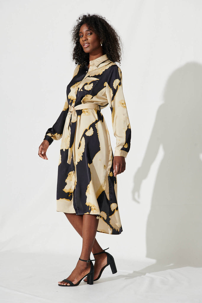 Dayside Midi Shirt Dress In Black And Champagne Satin - side