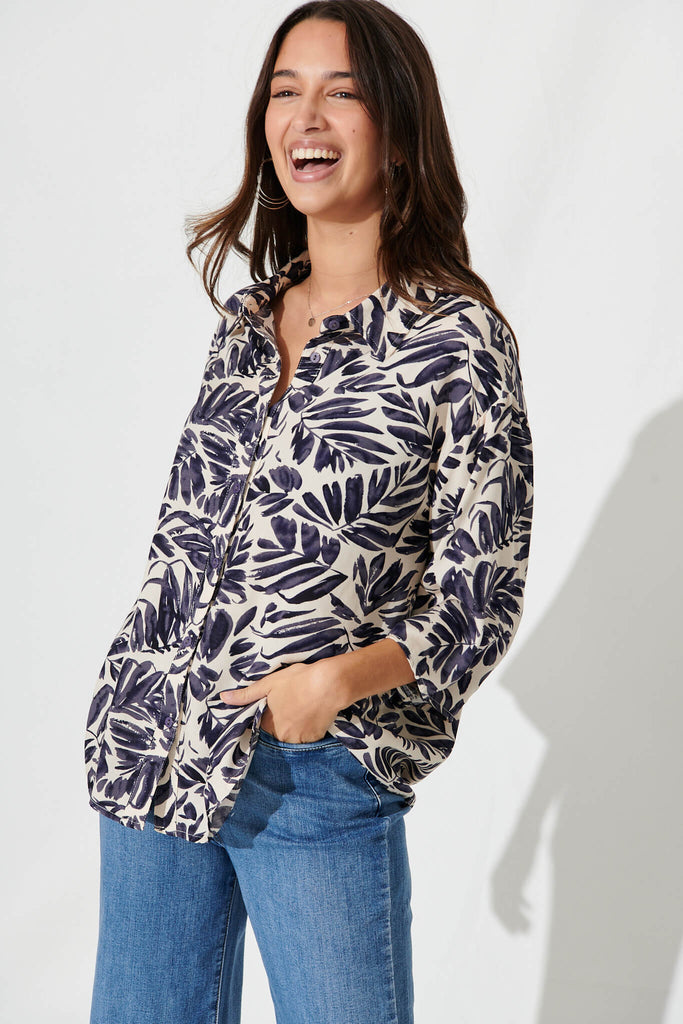 Alba Shirt In Ivory With Charcoal Leaf - front
