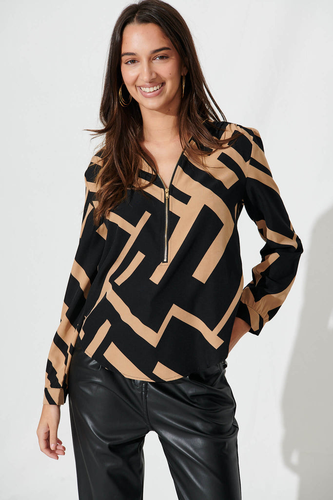 Emerson Zip Top In Black And Tan Geometric - front