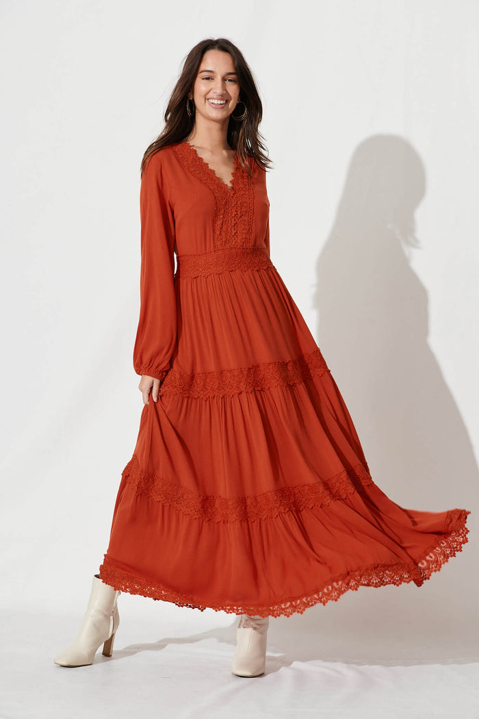Monarch Maxi Dress In Rust - full length