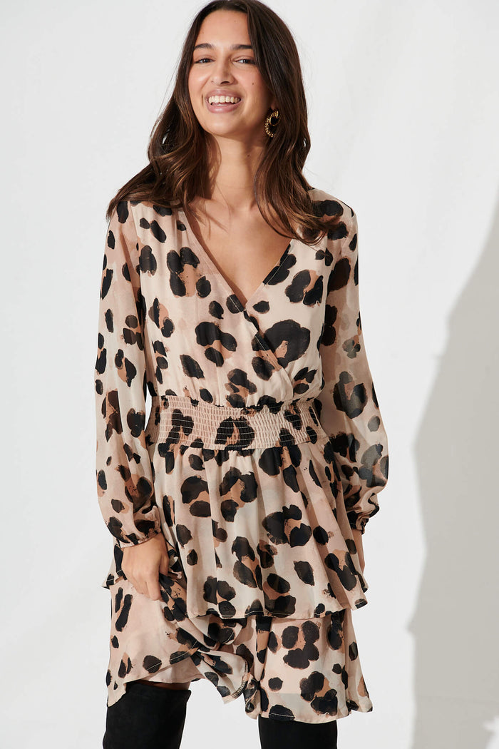 Brunetti Dress In Beige With Black Leopard Chiffon - front