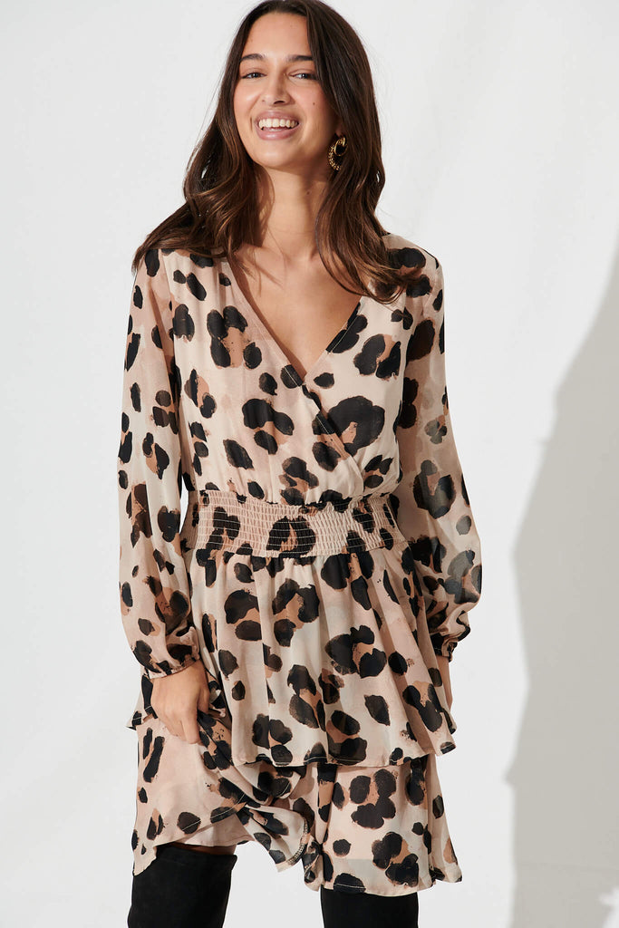 Brunetti Dress In Beige With Black Leopard Chiffon - front