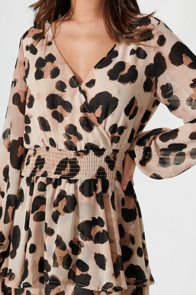 Brunetti Dress In Beige With Black Leopard Chiffon - detail