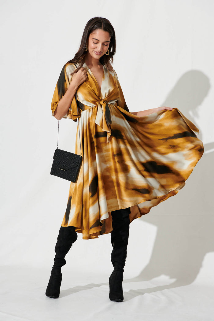 Helsinki Dress In Gold With Black Watercolour Satin - full length