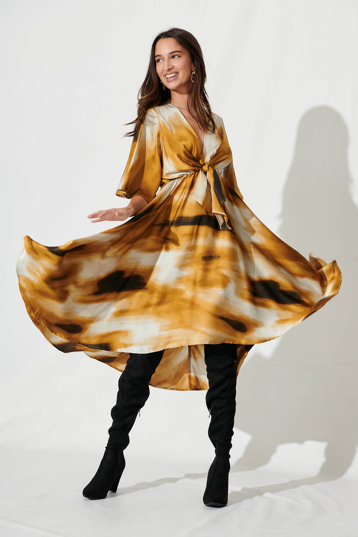 Helsinki Dress In Gold With Black Watercolour Satin - full length