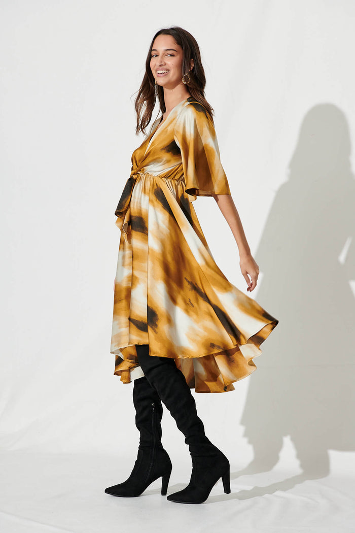 Helsinki Dress In Gold With Black Watercolour Satin - side