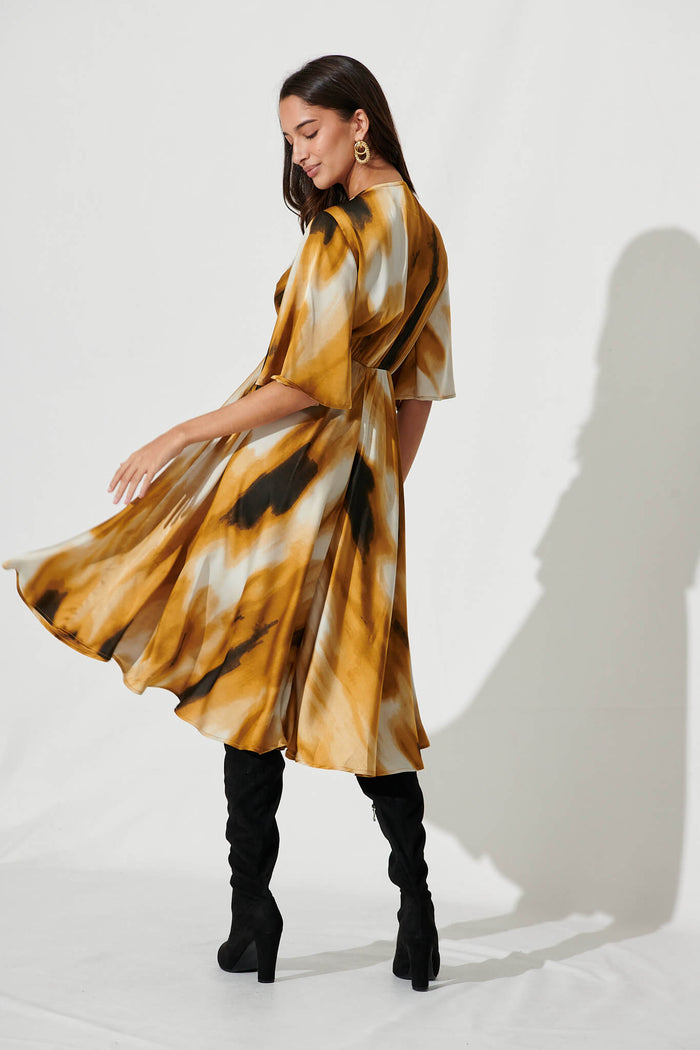 Helsinki Dress In Gold With Black Watercolour Satin - back