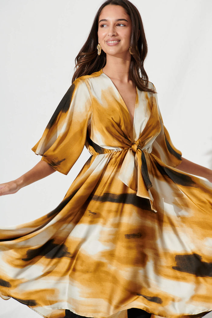 Helsinki Dress In Gold With Black Watercolour Satin - front