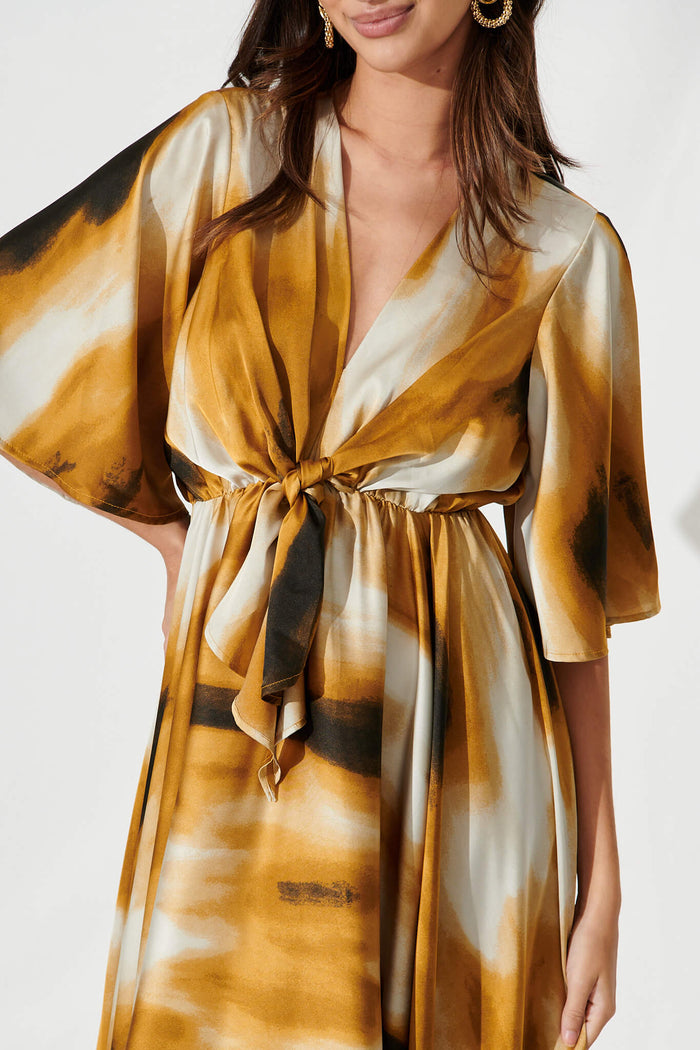 Helsinki Dress In Gold With Black Watercolour Satin - detail