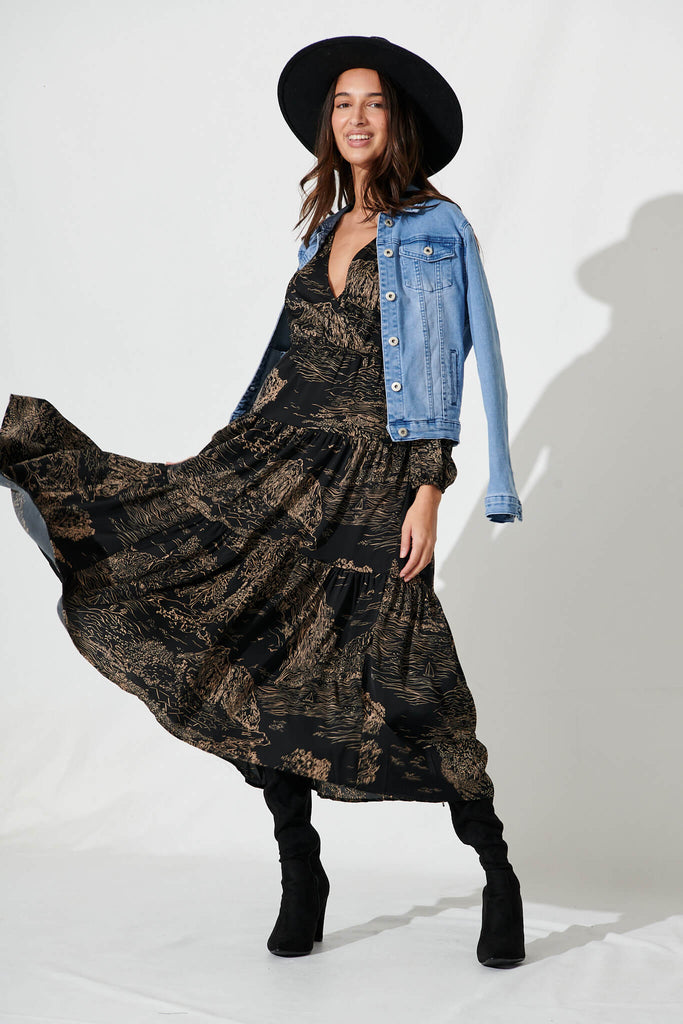 Lopez Midi Dress In Black Sketch Floral - full length
