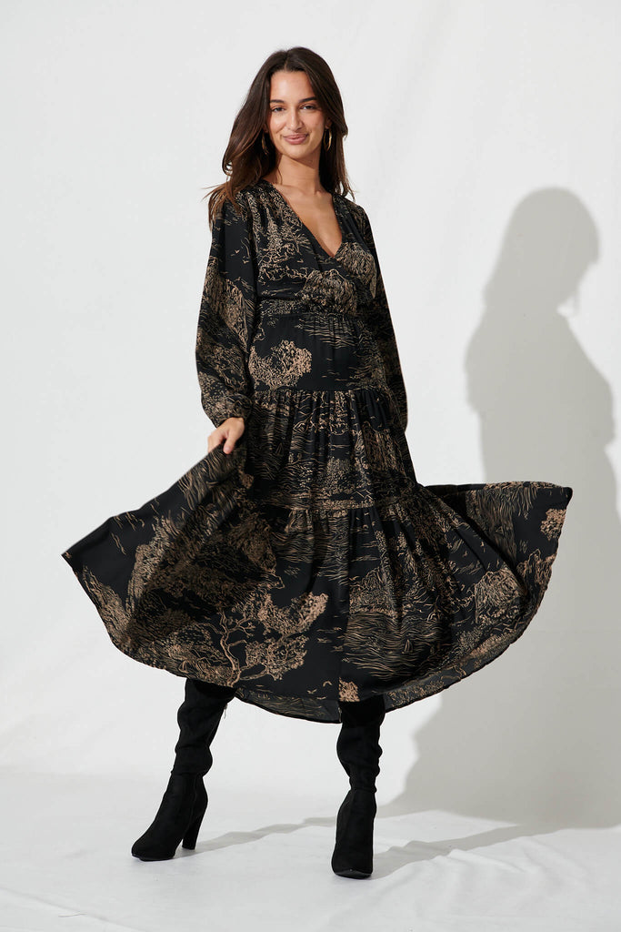Lopez Midi Dress In Black Sketch Floral - full length