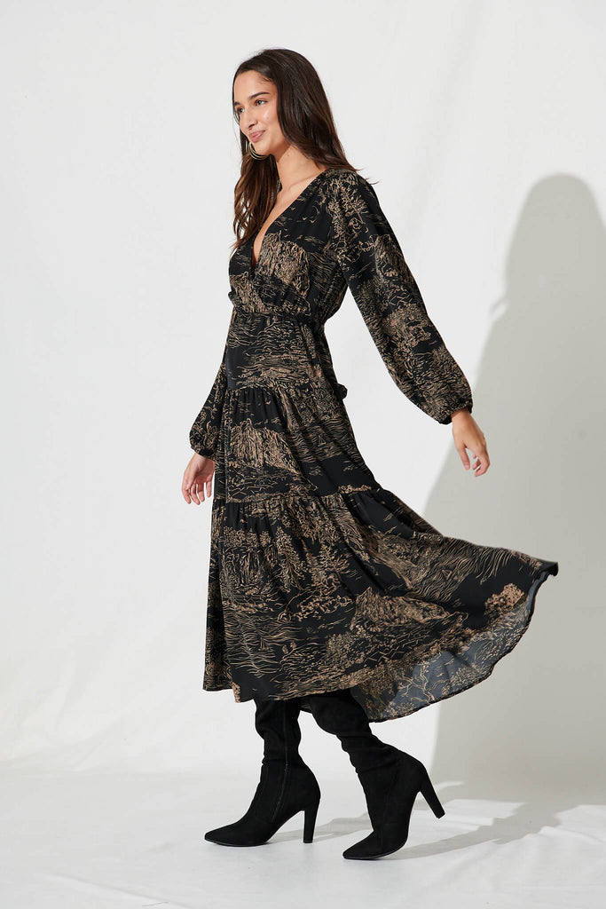 Lopez Midi Dress In Black Sketch Floral - side
