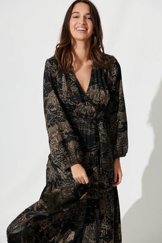 Lopez Midi Dress In Black Sketch Floral - front