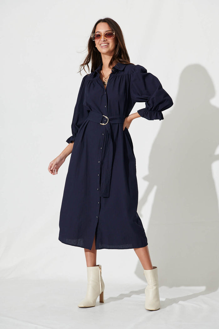 Sicilian Midi Shirt Dress In Navy Cotton - full length