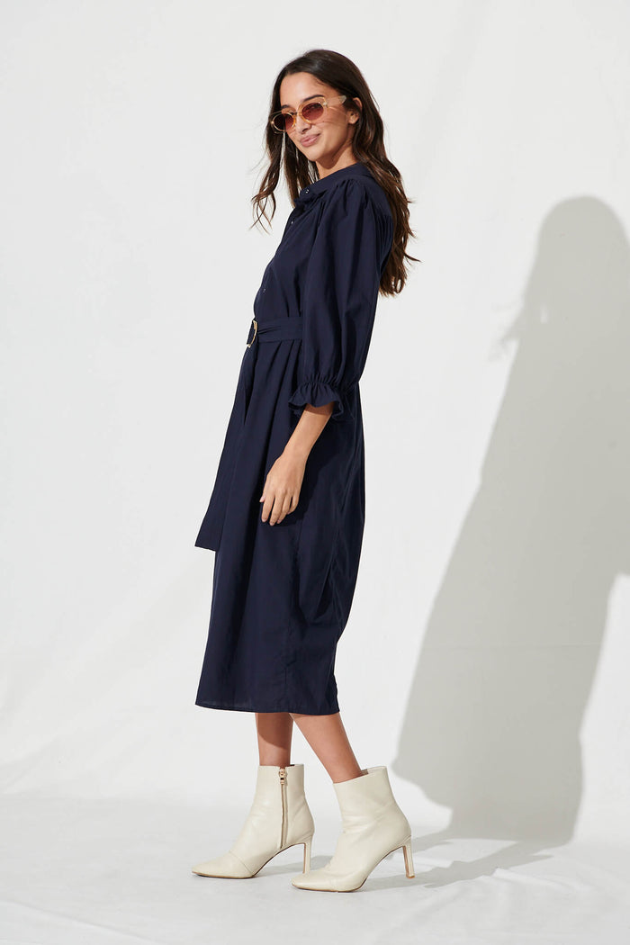 Sicilian Midi Shirt Dress In Navy Cotton - side
