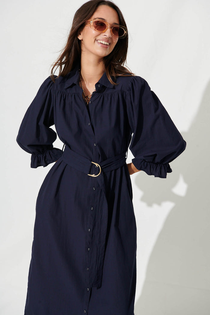 Sicilian Midi Shirt Dress In Navy Cotton - front