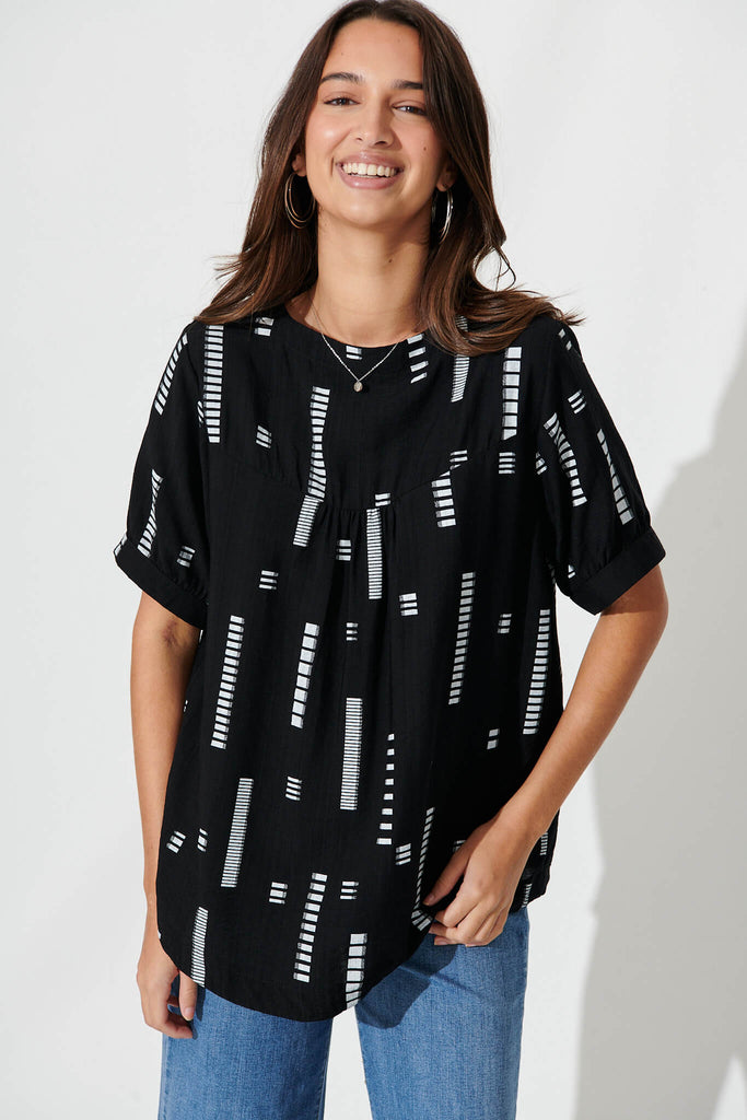 Larsson Top In Black With White Print Cotton Blend - front