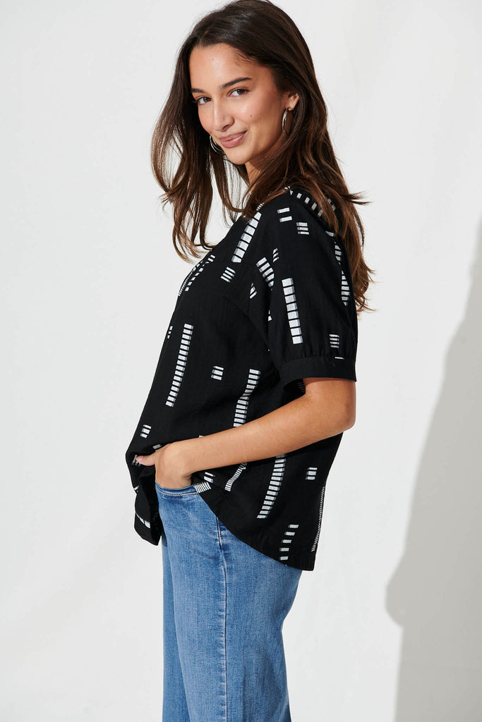 Larsson Top In Black With White Print Cotton Blend - side