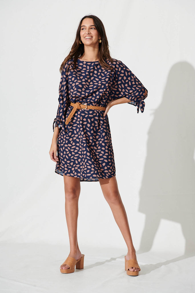 Wilder Shift Dress In Navy With Rust Leaf - full length