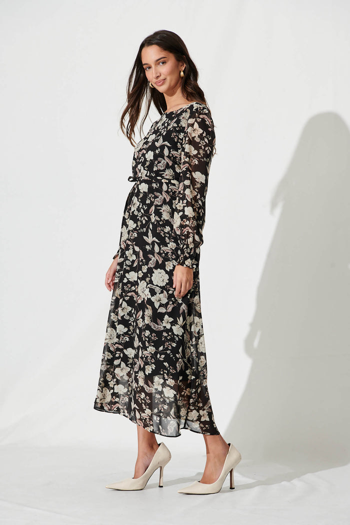 Lauren Midi Dress In Black With Cream Floral Chiffon - side