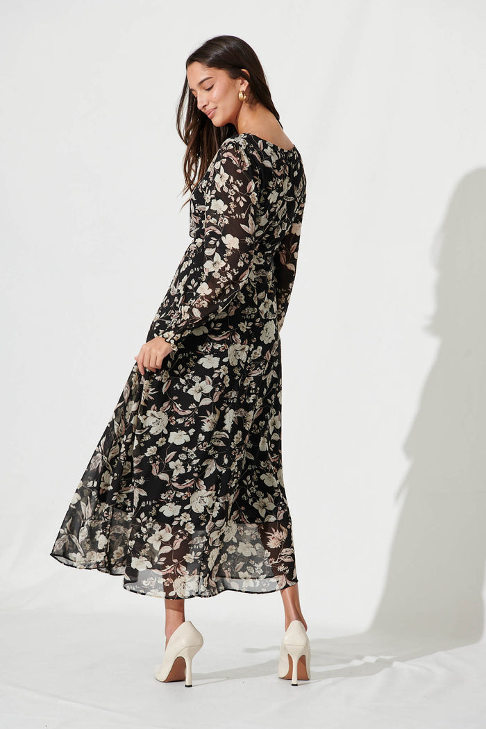 Lauren Midi Dress In Black With Cream Floral Chiffon - back