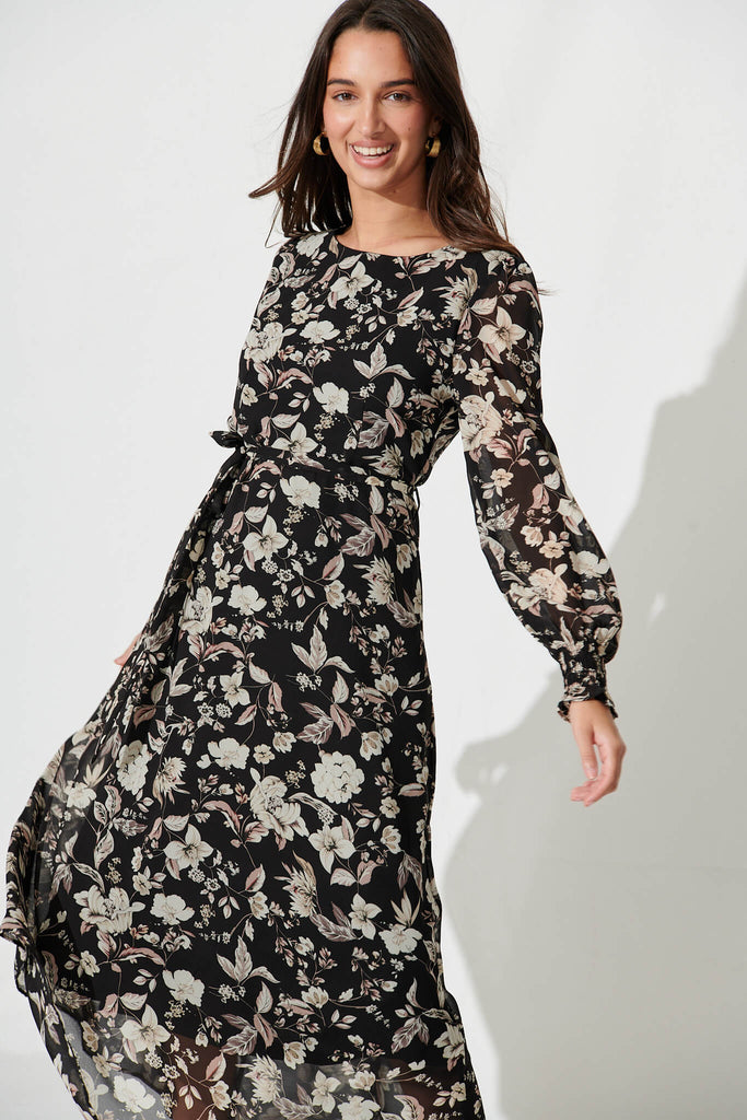 Lauren Midi Dress In Black With Cream Floral Chiffon - front