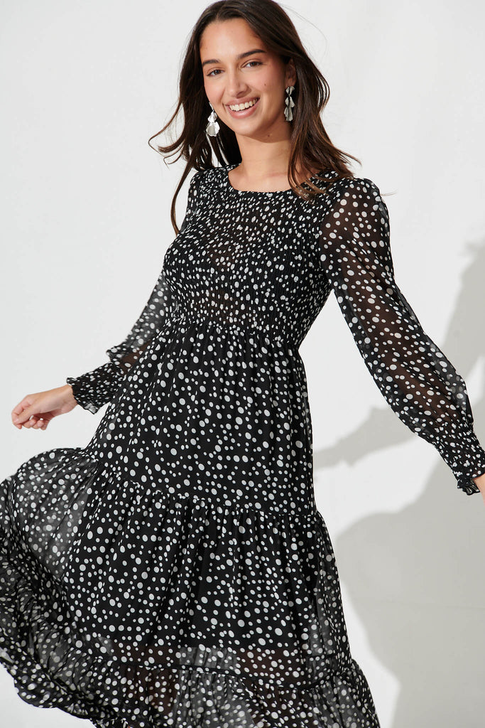 Jaseline Midi Dress In Black With White Spot - front