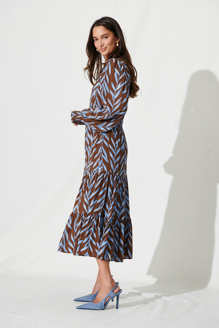 Kori Midi Dress In Chocolate With Blue Leaf Print - side