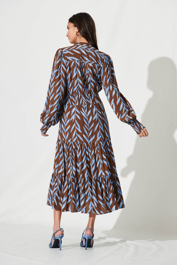 Kori Midi Dress In Chocolate With Blue Leaf Print - back
