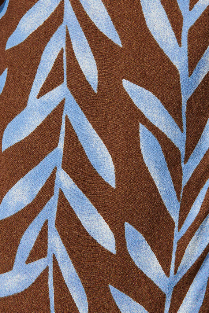 Kori Midi Dress In Chocolate With Blue Leaf Print - fabric