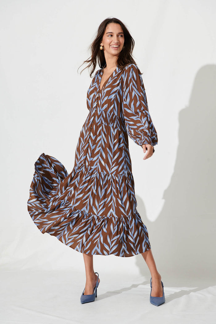 Kori Midi Dress In Chocolate With Blue Leaf Print - full length