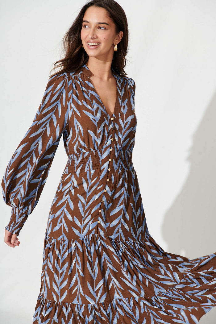 Kori Midi Dress In Chocolate With Blue Leaf Print - front