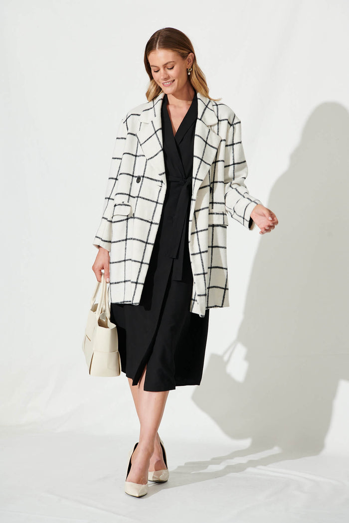 Lennox Coat In White With Black Check - full length