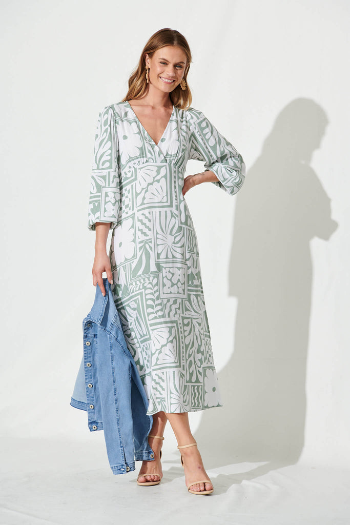 Meadow Maxi Dress In White With Sage Abstract Linen Blend - full length