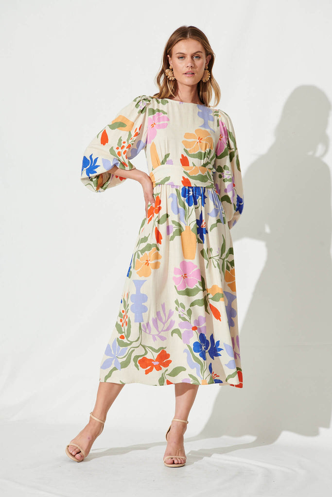 Zoe Midi Dress In Beige With Multi Floral Linen Blend - full length