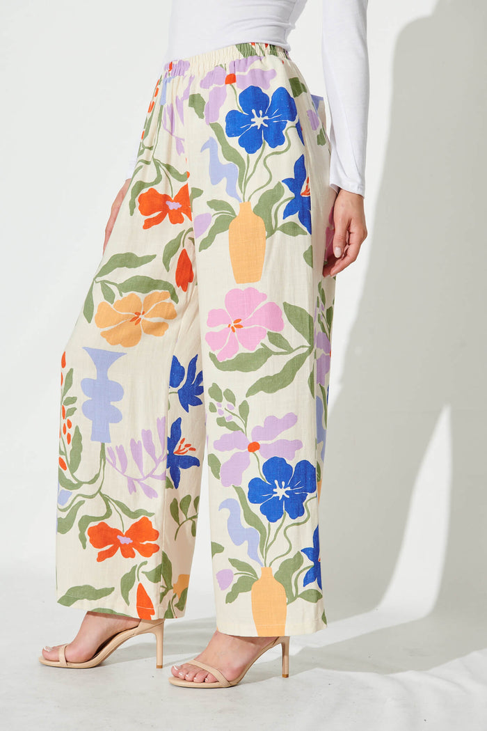 June Wide Leg Pants In Beige With Multi Floral Linen Blend - side
