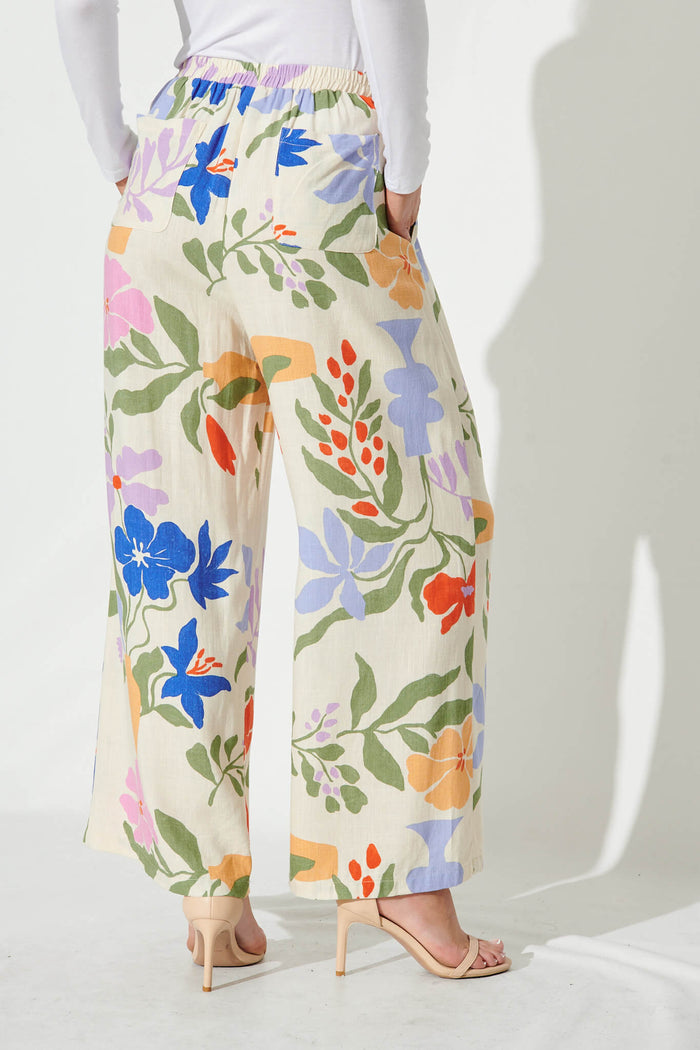 June Wide Leg Pants In Beige With Multi Floral Linen Blend - back