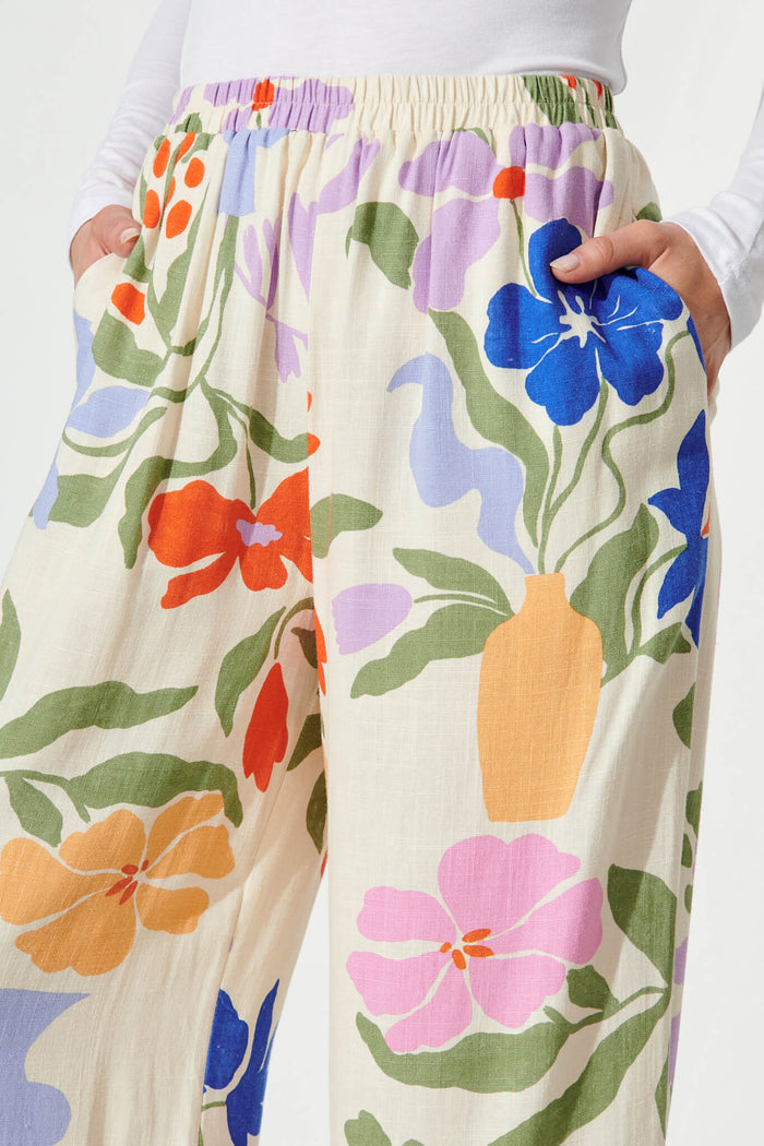 June Wide Leg Pants In Beige With Multi Floral Linen Blend - detail