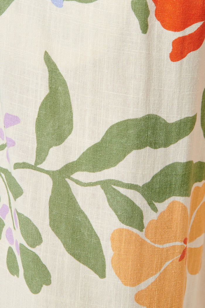 June Wide Leg Pants In Beige With Multi Floral Linen Blend - fabric