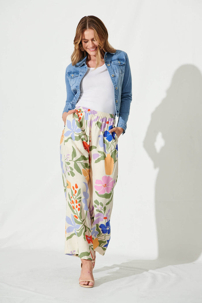 June Wide Leg Pants In Beige With Multi Floral Linen Blend - full length