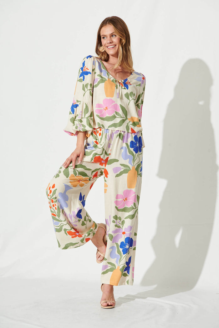 June Wide Leg Pants In Beige With Multi Floral Linen Blend - full length